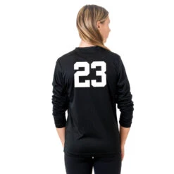Soccer Long Sleeve Performance Tee - Soccer Girl Player Sketch -Sport Gift Store LSTECH F BLACK NUMBER
