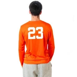 Guys Lacrosse Long Sleeve Performance Tee - Max The Lax Dog -Sport Gift Store LSTECH M ORANGE NUMBER