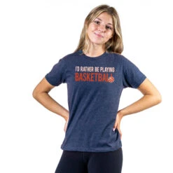 Basketball Tshirt Short Sleeve I'd Rather Be Playing Basketball -Sport Gift Store bk 00181 NAVY GIRLS