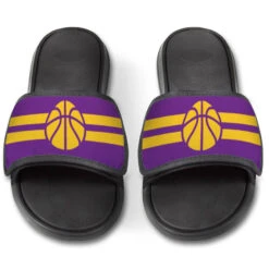 Basketball Repwell® Slide Sandals - Team Color Stripes -Sport Gift Store bk 02504 PURPLEGOLD FRONT