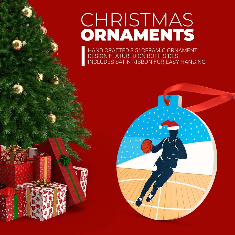 Basketball Round Ceramic Ornament - Guy Silhouette With Santa Hat 4 Basketball Round Ceramic Ornament - Guy Silhouette With Santa Hat - Image 2