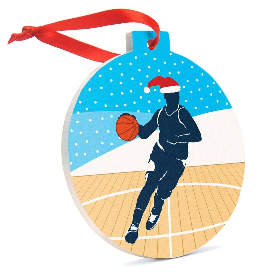 Basketball Round Ceramic Ornament - Guy Silhouette With Santa Hat 3 Basketball Round Ceramic Ornament - Guy Silhouette With Santa Hat