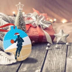 Basketball Round Ceramic Ornament - Guy Silhouette With Santa Hat 10 Basketball Round Ceramic Ornament - Guy Silhouette With Santa Hat -Sport Gift Store bk 02615 TREE
