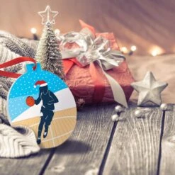 Basketball Round Ceramic Ornament - Girl Silhouette With Santa Hat -Sport Gift Store bk 02616 TREE