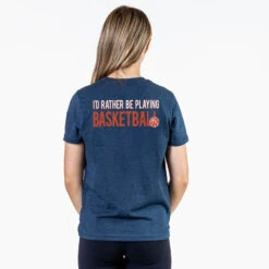 Basketball Short Sleeve T-Shirt - I'd Rather Be Playing Basketball (Back Design) 9 Basketball Short Sleeve T-Shirt - I'd Rather Be Playing Basketball (Back Design) -Sport Gift Store bk 02761 NAVY FEMALE BACK