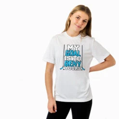 Hockey Short Sleeve Performance Tee - My Goal Is To Deny Yours Hockey (Blue/Black) -Sport Gift Store hk 05610 WHITE MODEL F
