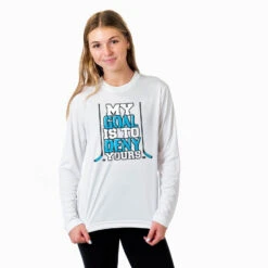 Hockey Long Sleeve Performance Tee - My Goal Is To Deny Yours Hockey (Blue/Black) -Sport Gift Store hk 05664 WHITE MODEL F