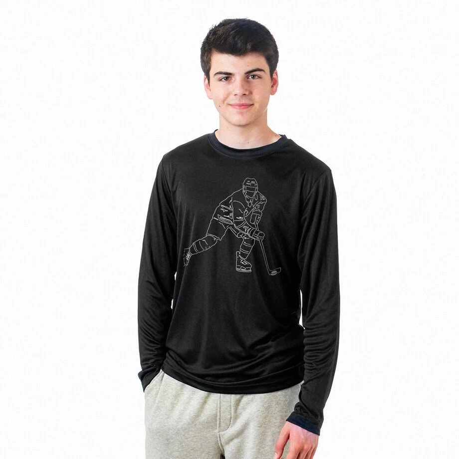 Hockey Long Sleeve Performance Tee - Hockey Player Sketch 4 Hockey Long Sleeve Performance Tee - Hockey Player Sketch - Image 2