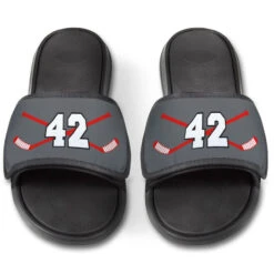 Hockey Repwell® Slide Sandals - Hockey Crossed Sticks With Number -Sport Gift Store hk 05777 GRAYRED FRONT