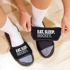 Hockey Repwell® Slide Sandals - Eat. Sleep. Hockey. -Sport Gift Store hk 05912 BLACK LIFESTYLE