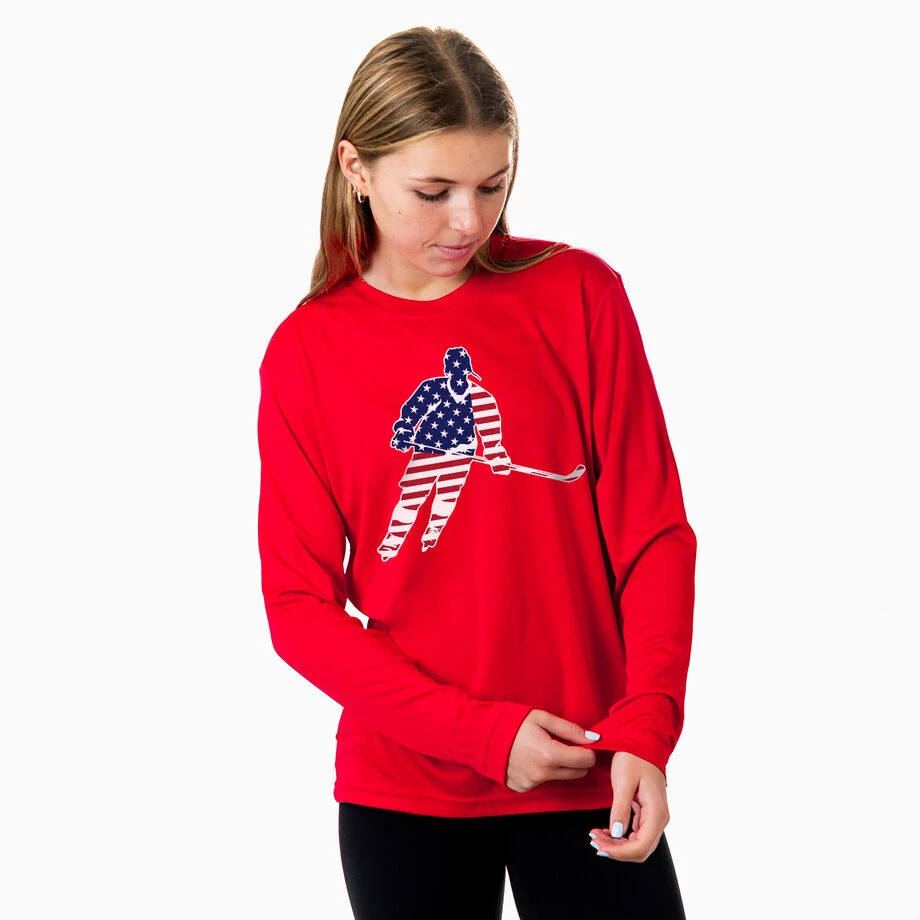 Hockey Long Sleeve Performance Tee - Hockey Stars And Stripes Player 5 Hockey Long Sleeve Performance Tee - Hockey Stars And Stripes Player - Image 3