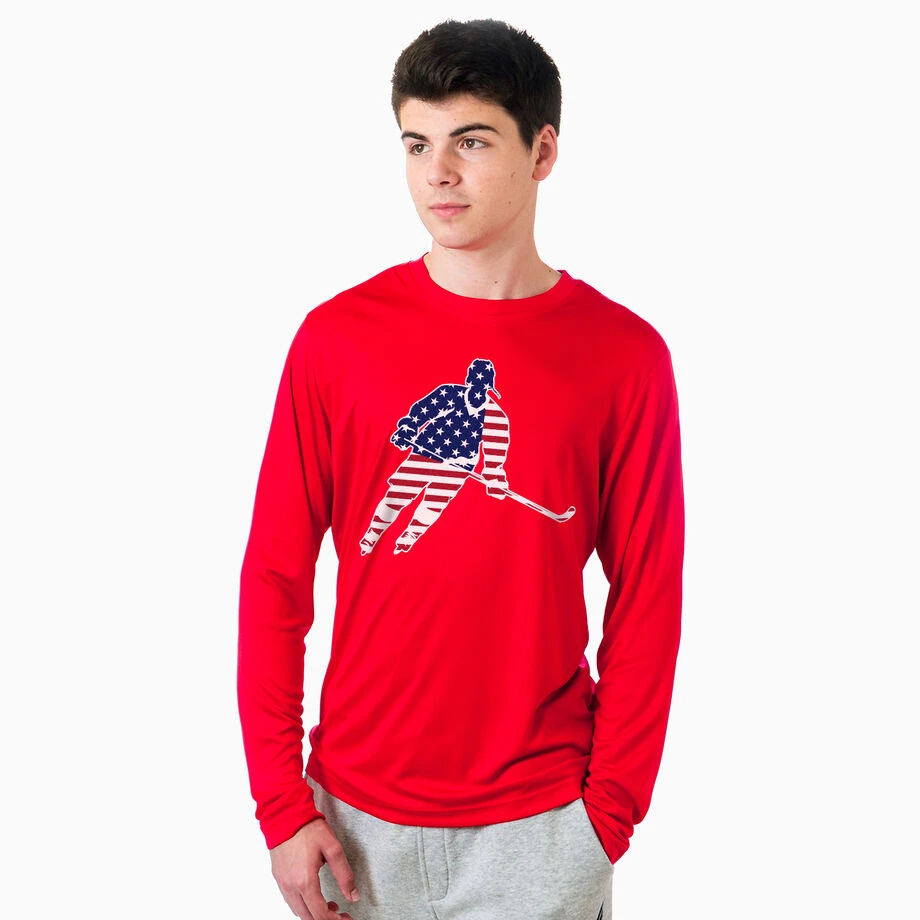 Hockey Long Sleeve Performance Tee - Hockey Stars And Stripes Player 4 Hockey Long Sleeve Performance Tee - Hockey Stars And Stripes Player - Image 2