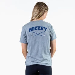 Hockey Short Sleeve T-Shirt - Hockey Crossed Sticks Logo (Back Design) -Sport Gift Store hk 06796 GRAY FEMALE BACK