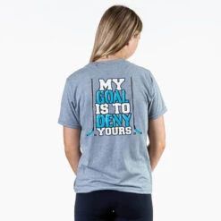 Hockey Short Sleeve T-Shirt - My Goal Is To Deny Yours Hockey (Blue/Black) (Back Design) -Sport Gift Store hk 06801 GRAY FEMALE BACK
