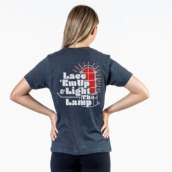 Hockey Short Sleeve T-Shirt - Lace 'Em Up And Light The Lamp (Back Design) -Sport Gift Store hk 06831 CHARCOAL FEMALE BACK