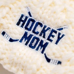 Hockey Embroidered Pom Pom Knit Hat - Hockey Mom 9 Hockey Embroidered Pom Pom Knit Hat - Hockey Mom -Sport Gift Store hk 06894 CLOSEUP