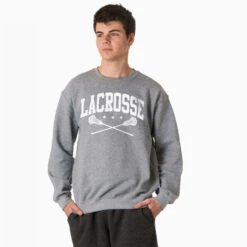 Guys Lacrosse Crewneck Sweatshirt - Lacrosse Crossed Sticks -Sport Gift Store lx 10210 GRAY MODEL MALE