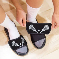 Guys Lacrosse Repwell® Sandal Straps - Crossed Sticks With Ball Close Up -Sport Gift Store lx 11326 STRAPS BLACK LIFESTYLE