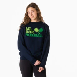 Pickleball Crewneck Sweatshirt - Eat. Sleep. Pickleball -Sport Gift Store pb 00019 NAVY MODEL FEMALE