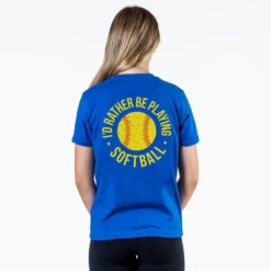Softball T-Shirt Short Sleeve - I'd Rather Be Playing Softball Distressed (Back Design) -Sport Gift Store sb 04118 ROYAL FEMALE BACK