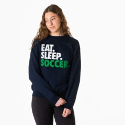 Soccer Crewneck Sweatshirt - Eat Sleep Soccer (Bold Text) -Sport Gift Store sc 03243 NAVY MODEL FEMALE