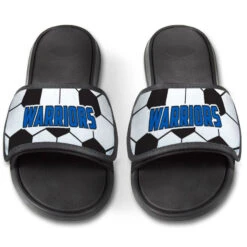 Soccer Repwell® Slide Sandals - Soccer Ball Texture With Text -Sport Gift Store sc 03529 BLUE FRONT