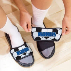 Soccer Repwell® Sandal Straps - Soccer Ball Texture With Text -Sport Gift Store sc 03529 STRAPS BLUE LIFESTYLE