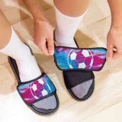 Soccer Repwell® Slide Sandals - Tie-Dye Pattern With Soccer Ball -Sport Gift Store sc 03534 LIFESTYLE