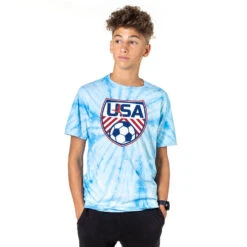 Soccer Short Sleeve T-Shirt - Soccer USA Tie Dye -Sport Gift Store sc 03797 BABYBLUE MODEL BOY
