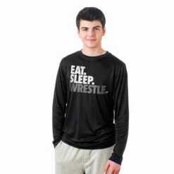 Wrestling Long Sleeve Performance Tee - Eat. Sleep. Wrestle. -Sport Gift Store wr 00690 BLACK MODEL M