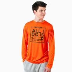Wrestling Long Sleeve Performance Tee - All I Do Is Pin 7 Wrestling Long Sleeve Performance Tee - All I Do Is Pin -Sport Gift Store wr 00691 ORANGE MODEL M