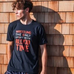 Wrestling T-Shirt Short Sleeve - Blood Time -Sport Gift Store wr 00773 BLACK MALE LIFESTYLE 1